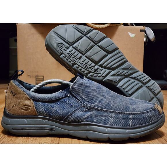 Skechers Shoes Men 12 Glides Benideck Casual Blue Denim Bike Toe Loafer Comfort - Picture 1 of 9